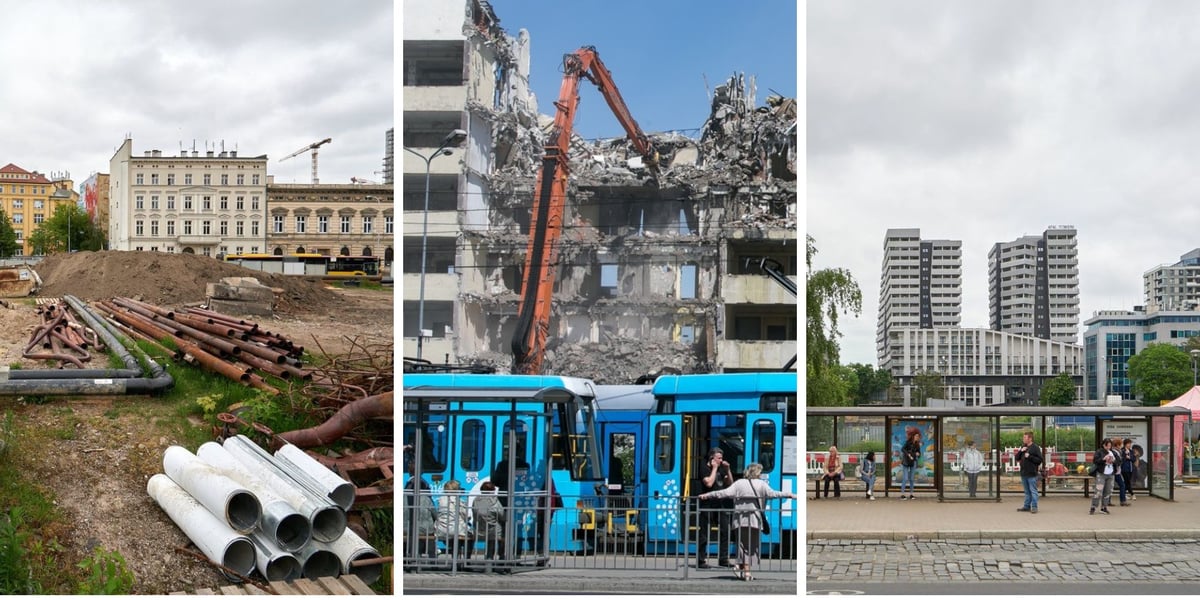Biurowiec Cuprum i obecnie prowadzone prace na pl. Jana Pawła II