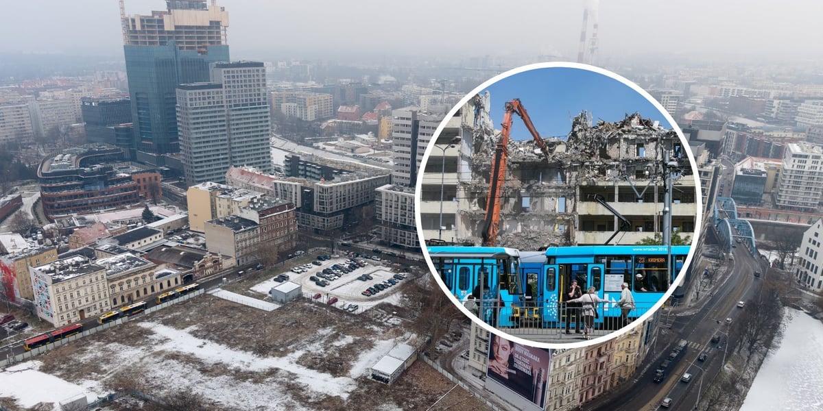 Panorama na pl. Jana Pawła II z drona, wyburzany biurowiec Cuprum, w tle kompleks Quorum