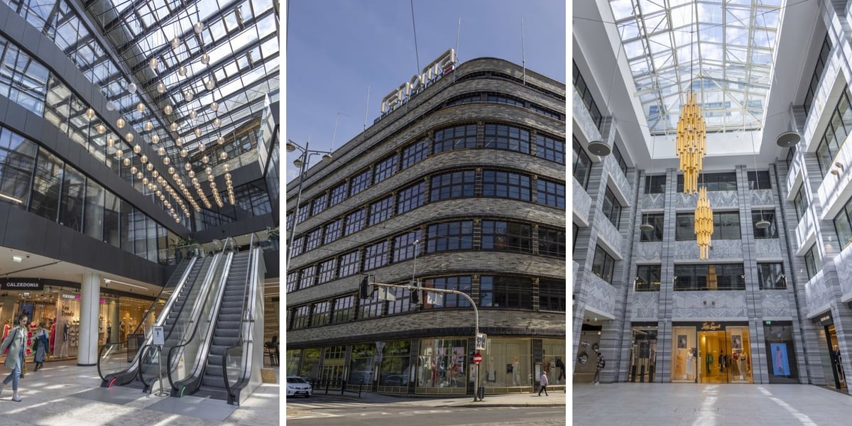 Dom Handlowy Renoma przy ul. Świdnickiej, widać schody ruchome, wnętrza i budynek z zewnątrz