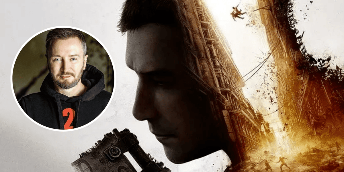 Na zdjęciu w tle kadr z gry komputerowej Dying Light 2, w kółku Paweł Marchewka, twórca Techlandu