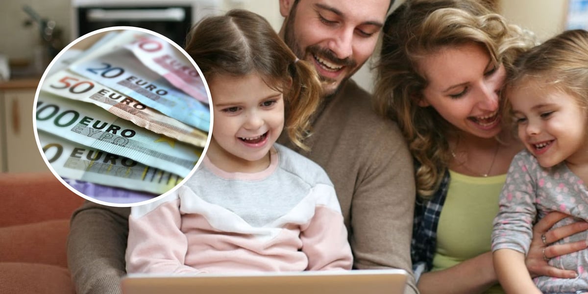 Mężczyzna, kobieta i dzieci: dwie dziewczynki patrzą na ekran laptopa. W kółku są banknoty euro. Zdjęcie ilustracyjne