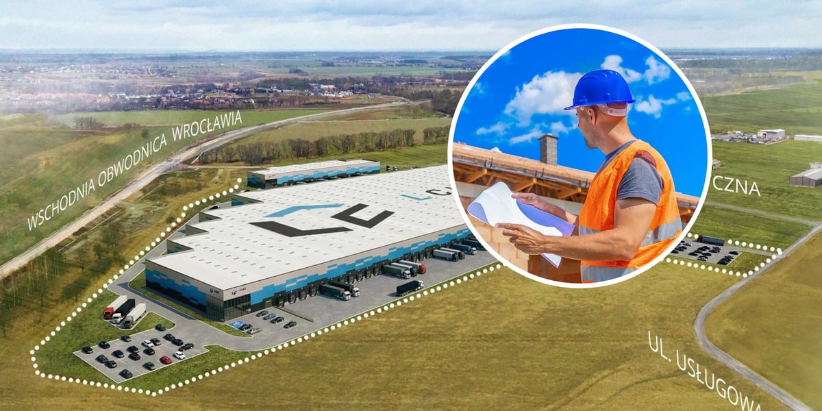 Wizualizacja kompleksu przemysłowo magazynowego w Dobrzykowicach z lotu ptaka, w kółku mężczyzna w kasku na budowie