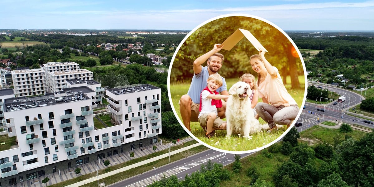 Nowe Żerniki z lotu ptaka, w kółku kobieta, mężczyzna, dziecko i pies. 