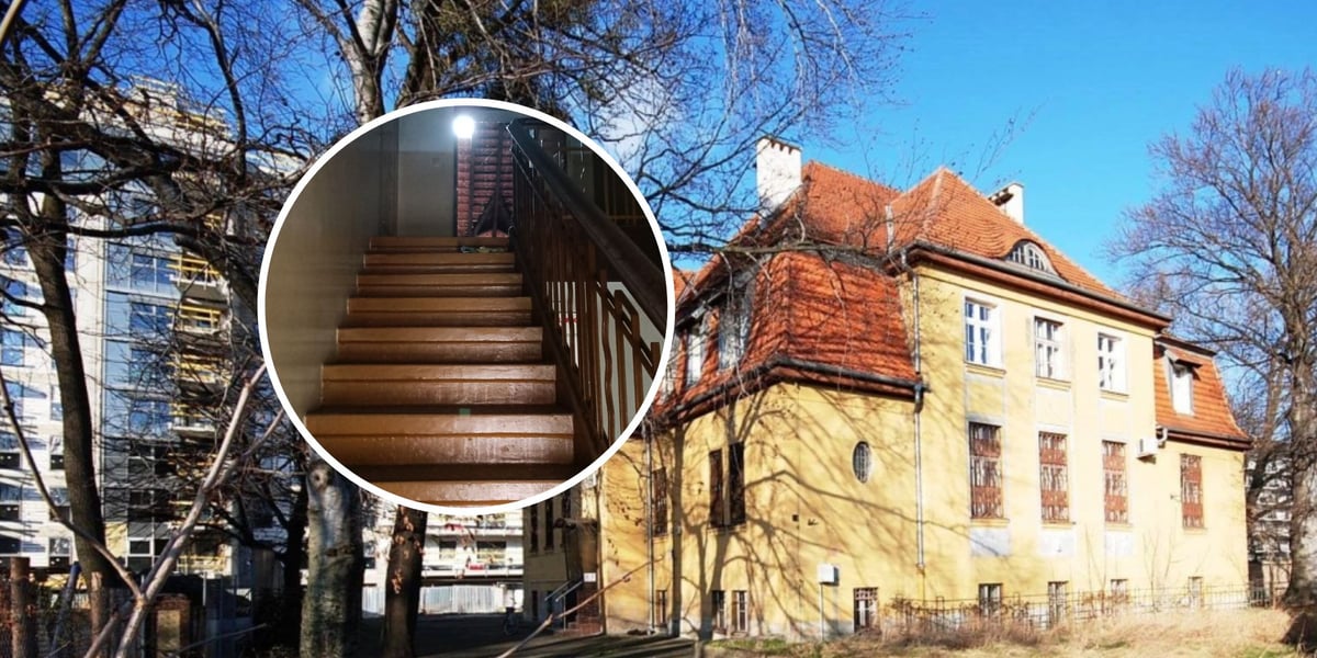 Dwupiętrowy dom ze spadzistym dachem na Kępie Mieszczańskiej na sprzedaż, w kółku schody w środku willi 