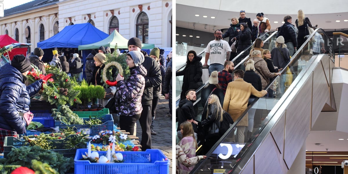Z lewej kobieta sprzedająca choinki na targu przy Dworcu Świebodzkim, obok klienci na schodach we Wroclavii