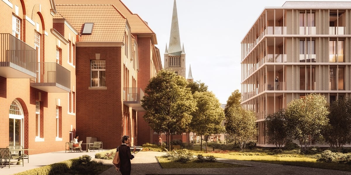 Kobieta z torebką w tle nowe osiedle Sudea - apartamenty Okre przy Wieży Ciśnień, wizualizacja
