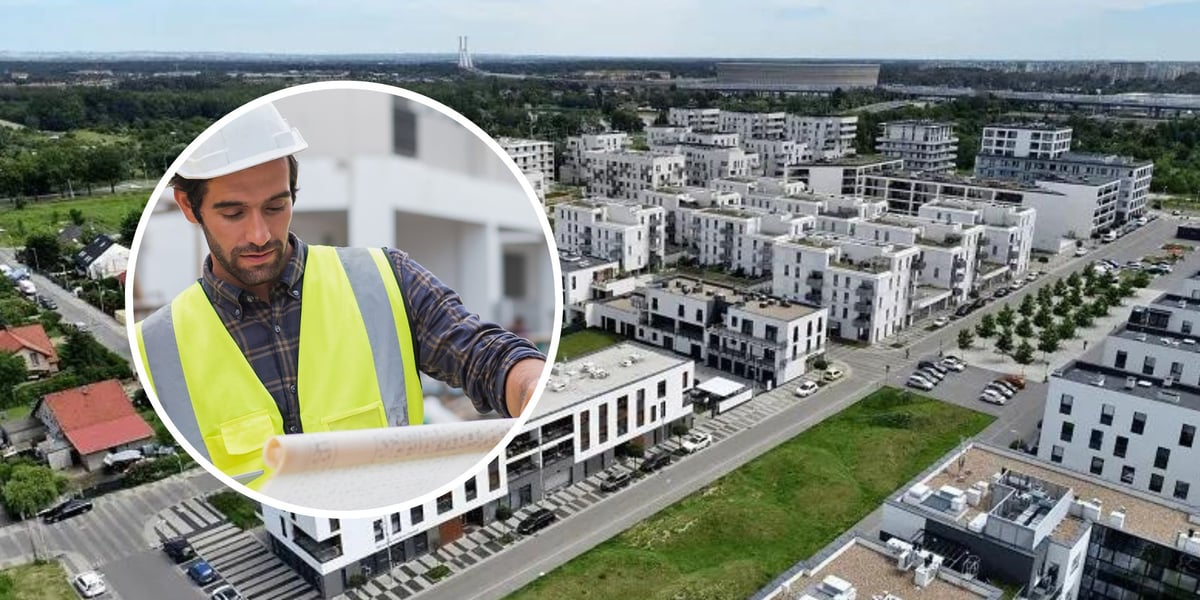 Budynki na osiedlu Nowe Żerniki, zdjęcie lotnicze, w kółku mężczyzna w kasku patrzy na plany budowlane 