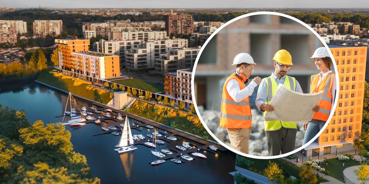 Budynki mieszkaniowe na osiedlu Port Popowice, w kółku kobieta i dwóch mężczyzn w kaskach na budowie