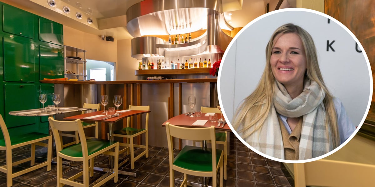 Z prawej w kółku Beata Śniechowska (portret), w tle wnętrze jej restauracji BABA