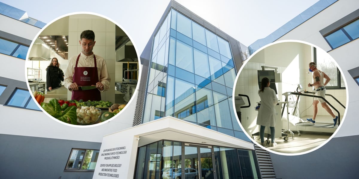 Budynek Centrum Innowacyjnych Technologii, w kółku: mężczyzna w fartuchu w kuchni przy warzywach  i biegnący mężczyzna na bieżni. Zdjęcie ilustracyjne