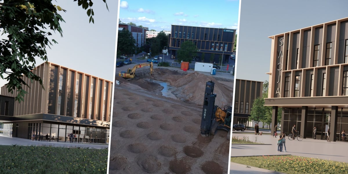 Wizualizacje budynku nowej części Centrum Handlowego Swoje Olimpia oraz plac budowy z koparką