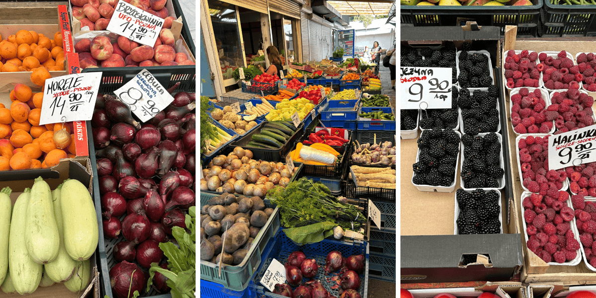 Warzywa i owoce z cenami, w środku - Bazar Komandor