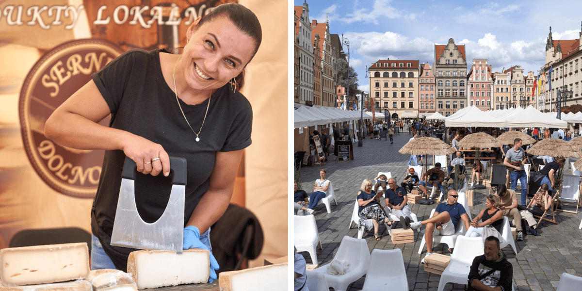 Wrocławska FETA 2023 w Rynku. Z lewej uśmiechnięta kobieta krojąca na stoisku ser, z prawej stoiska i uczestnicy festiwalu na leżakach