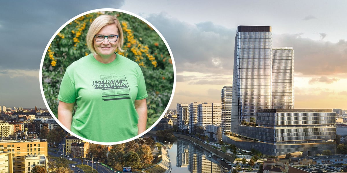 Budynki nad Odrą, w tle panorama Wrocławia. Quorum nad Odrą, wizualizacja. W kółku Joanna Klima, przewodnicząca zarządu Osiedla Szczepin