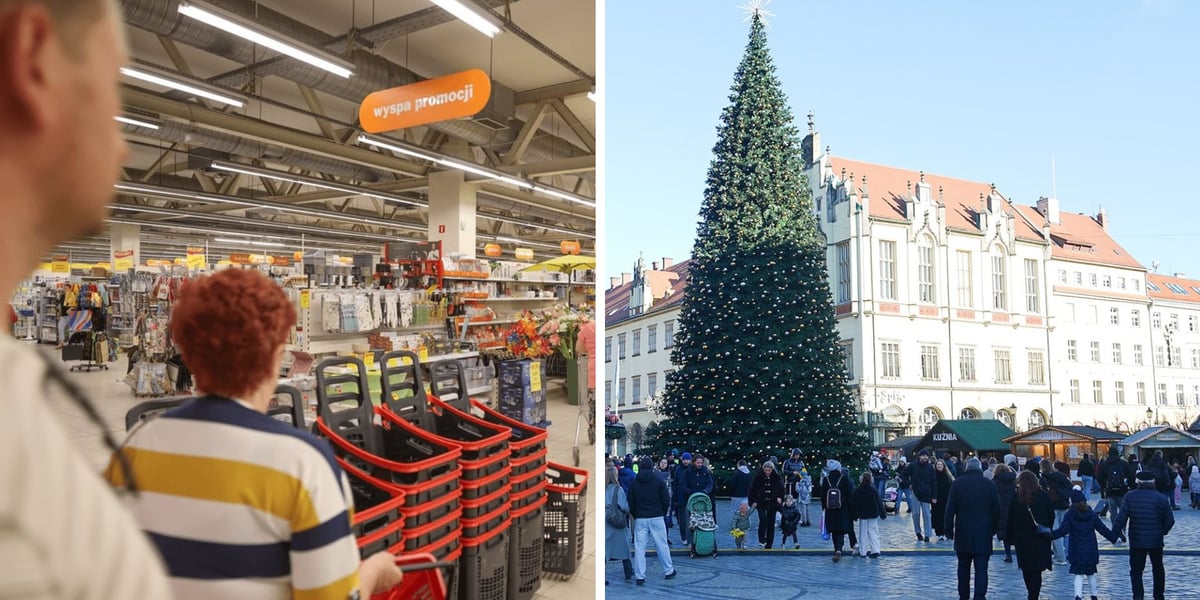 Klienci w Centrum Handlowym Astra, wrocławski Rynek w tle choinka i ludzie 
