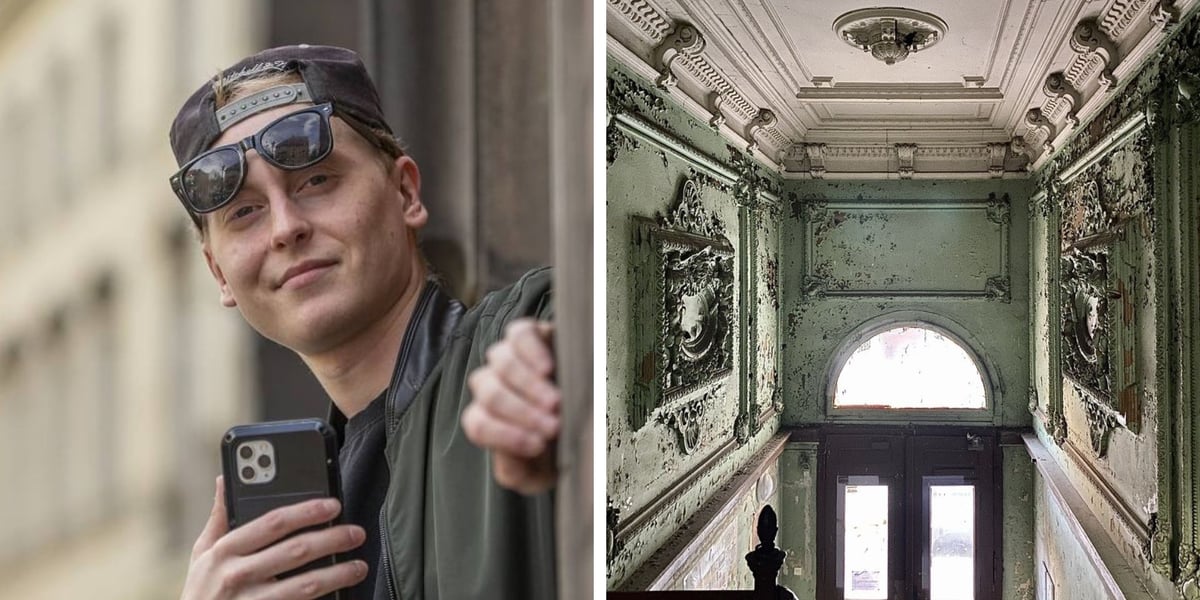 Mężczyzna w okularach na głowie i z telefonem, obok klatka schodowa we Wrocławiu. Filip Heliasz, autor fanpage na Facebooku „Wrocław – Inwestycje budowlane”.