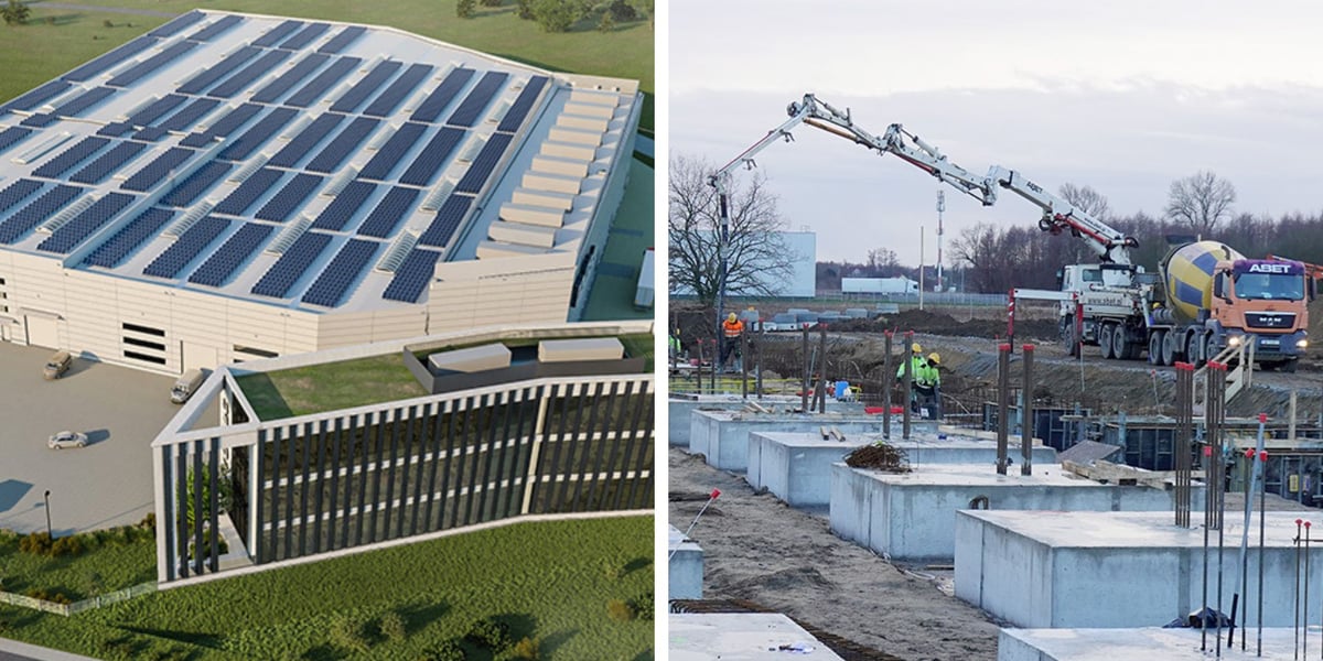 Hale zakładu Roltec na wizualizacji i podczas budowy, w tle betonowa konstrukcja