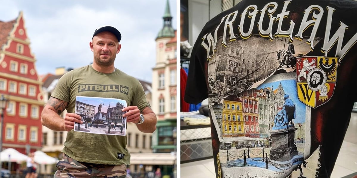 Mężczyzna trzymający w rękach zdjęcie na placu Solnym. Łukasz Stelmach prowadzi na Facebooku profil „Mój dawny Wrocław”.  Teraz zrobił specjalne koszulki 