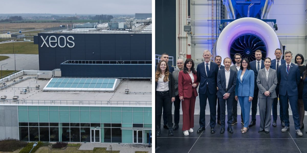 Hale XEOS pod Wrocławiem, kobiety i mężczyźni podczas otwarcia zakładu obsługi technicznej silników lotniczych XEOS 