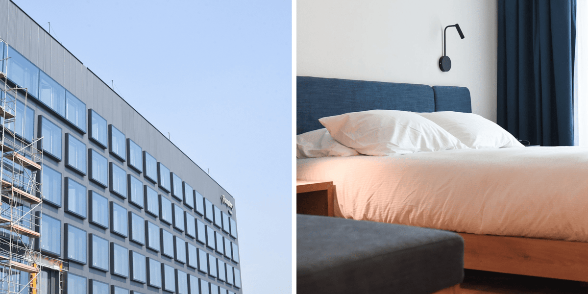 Po lewej - fragment elewacji hotelu na lotnisku, po prawej fragment sypialni