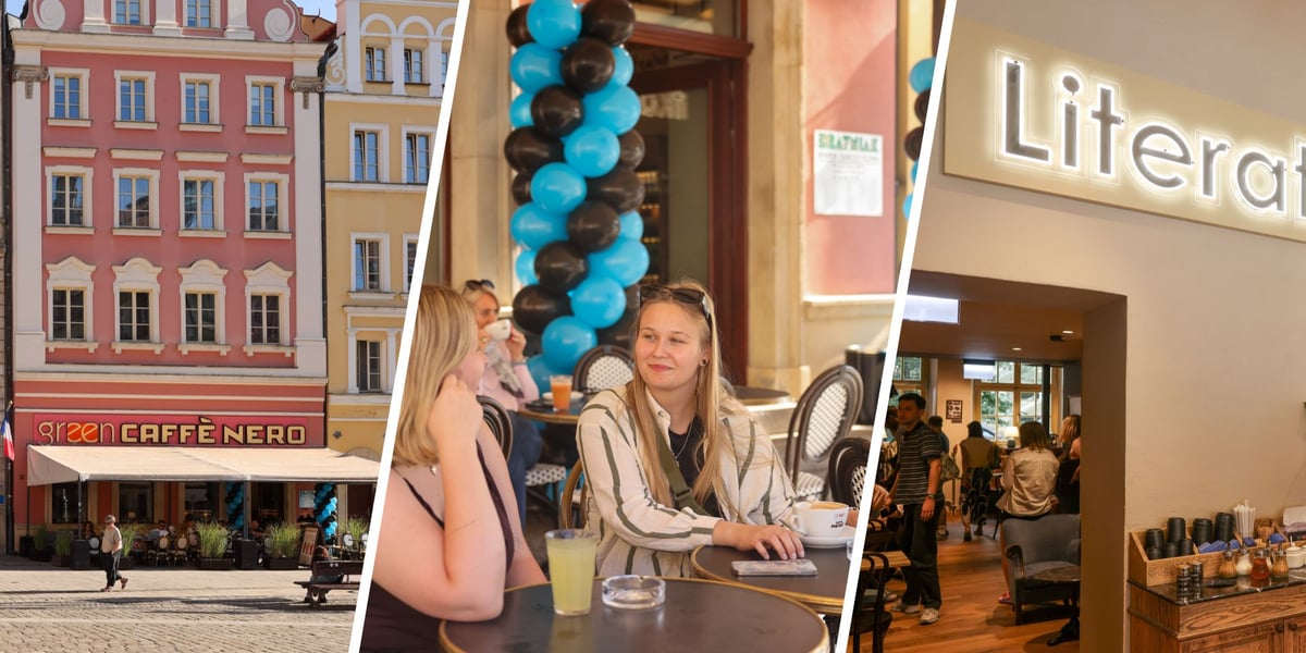 Kamienica na Rynku z szyldem Green Caffe Nero na parterze | kobiety pijące kawę przy stoliku na zewnątrz | szyld Literatka w środku