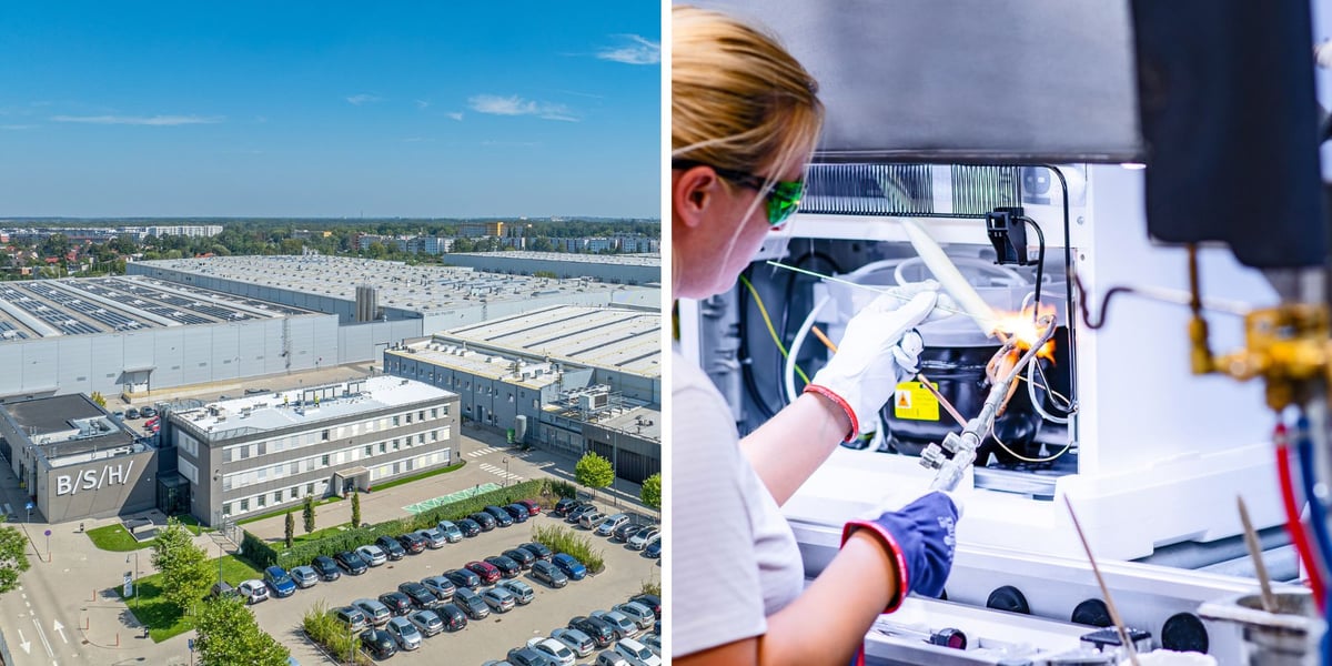 Zakłady BSH we Wrocławiu na zdjęciu lotniczym, kobieta na linii produkcyjnej BSH
