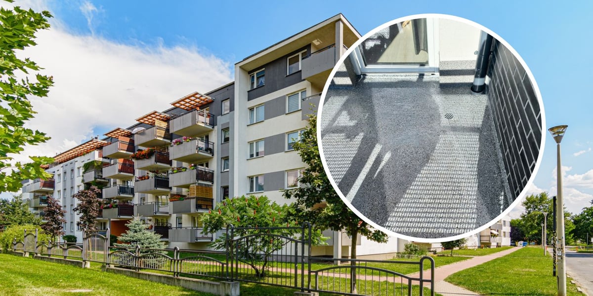 Osiedle TBS Wrocław, blok, zieleń, plac zabaw, w tle remont balkonów