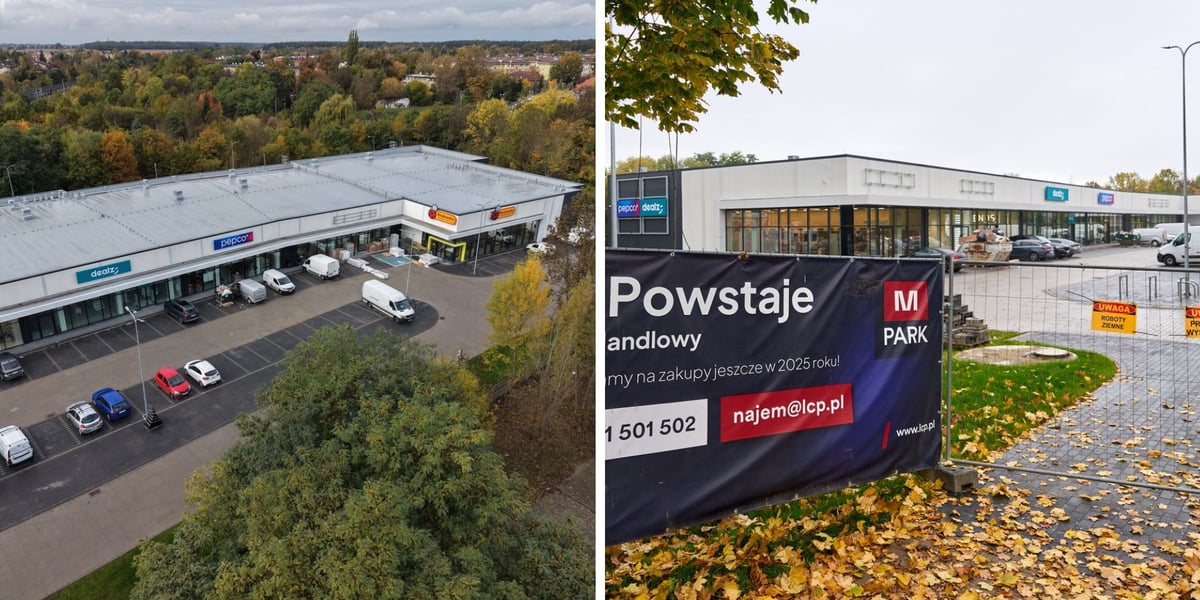 Budynek M-Park w Leśnicy, zdjęcie z drona, wjazd z ul. Średzkiej i napis, że powstaje tu N-Park