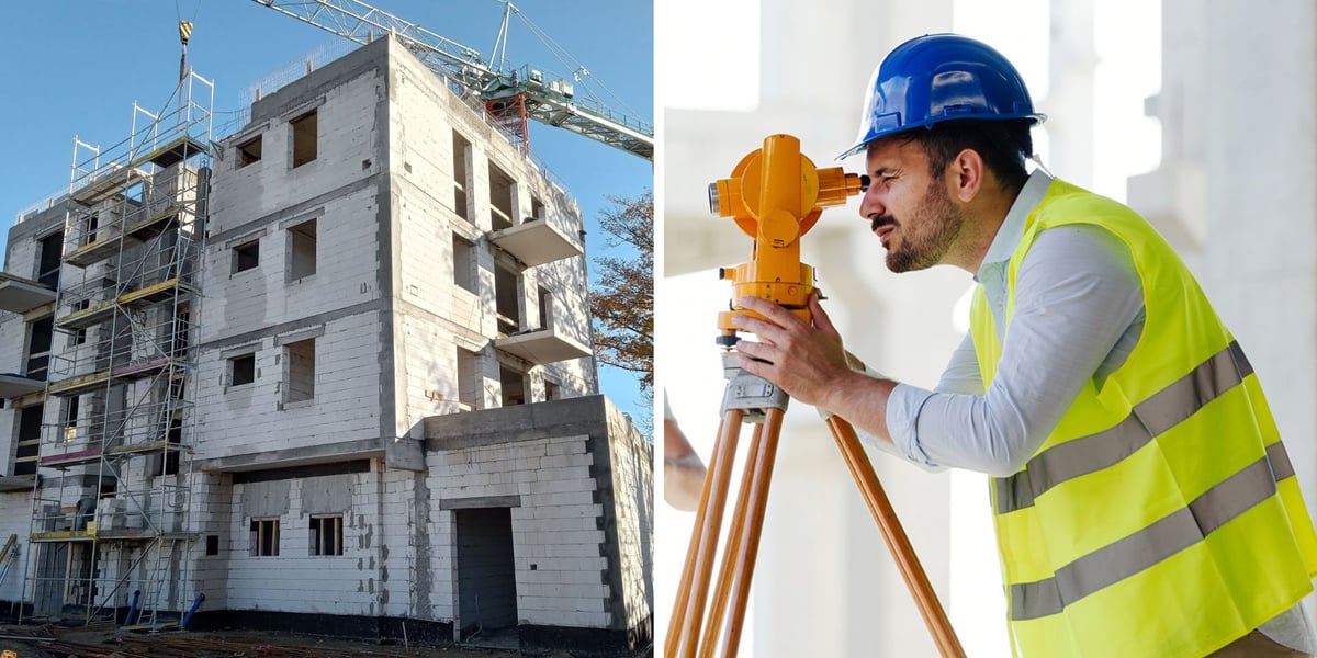 Budowa budynku mieszkalnego TBS Wrocław w Leśnicy, mężczyzna patrzy przez teodolit 