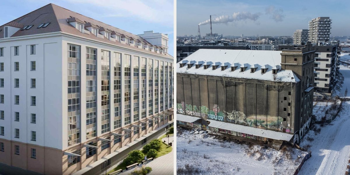 Zestawienie wizualizacji i zdjęcia elewatora wykonanego zimą 2024