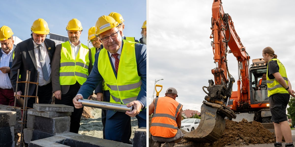 Grupa mężczyzn w kaskach i kamizelkach na budowie, na pierwszym planie starosta Włodzimierz Chlebosz