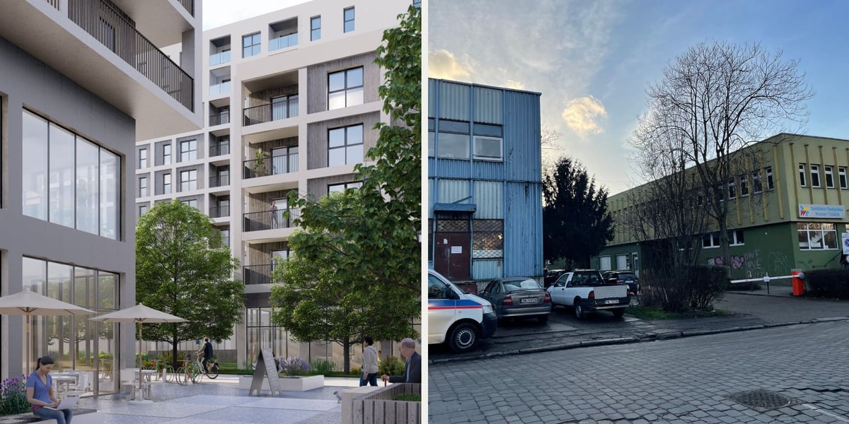 Budynki mieszkalne z lokalami usługowymi na wizualizacji. Obecne budynki SM Wrocław-Południe