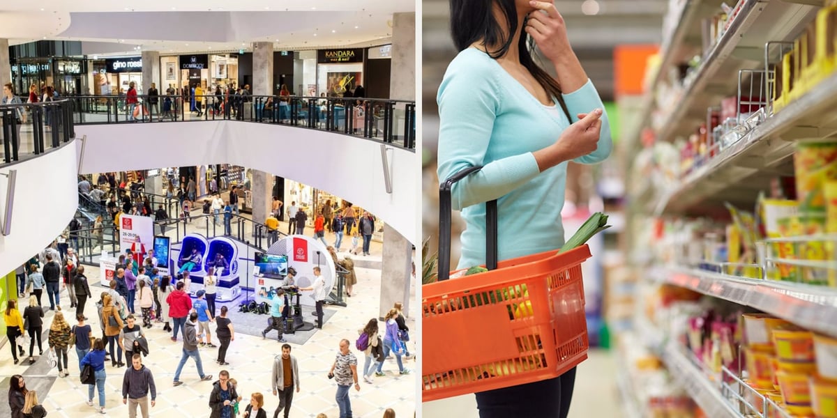 Kobiety i mężczyźni w galerii handlowej, kobieta z koszykiem w ręku w sklepie. Zobacz, kiedy są niedziele handlowe w 2026 r.?