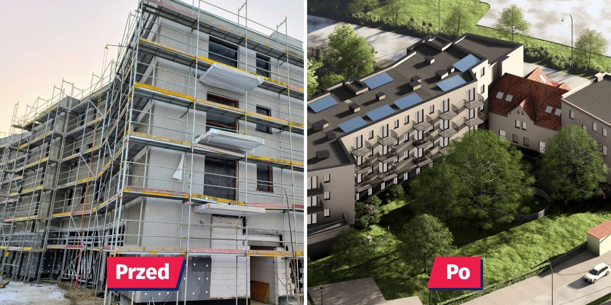 Dom mieszkalny w budowie, wizualizacja Lesnicy X po zakończeniu budowy