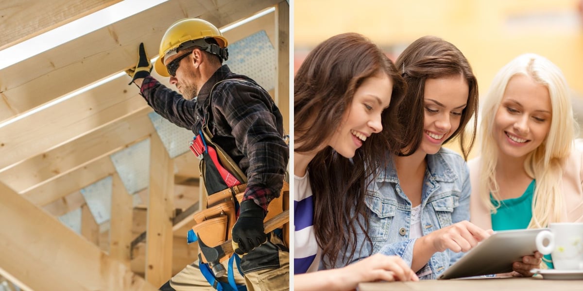 Mężczyzna w kasku na budowie, trzy młode kobiety patrzą na ekran laptopa, zdjęcie ilustracyjne. Od 1 stycznia 2026 r. ruszyło tzw. stażow. Korzyści to dłuższy urlop, wyższe nagrody i odprawa.