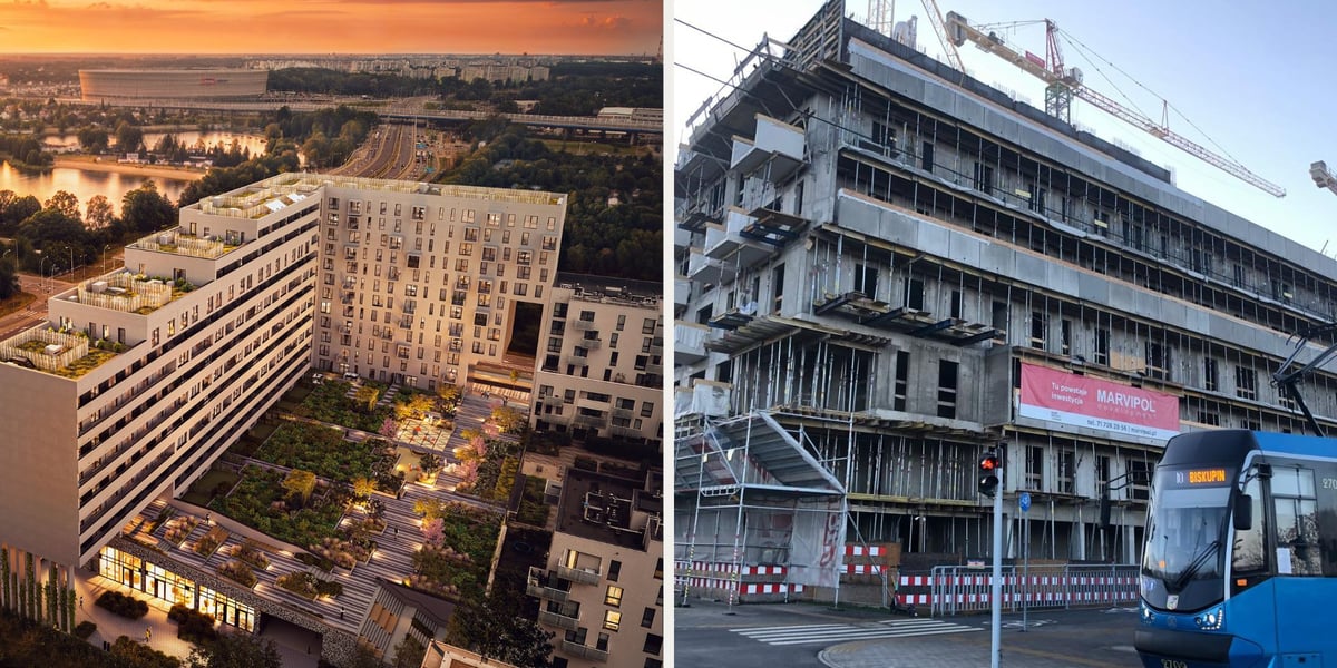 Budynek Kosmos na Nowych Żernikach, wizualizacja i budowa, w tle panorama Wrocławia