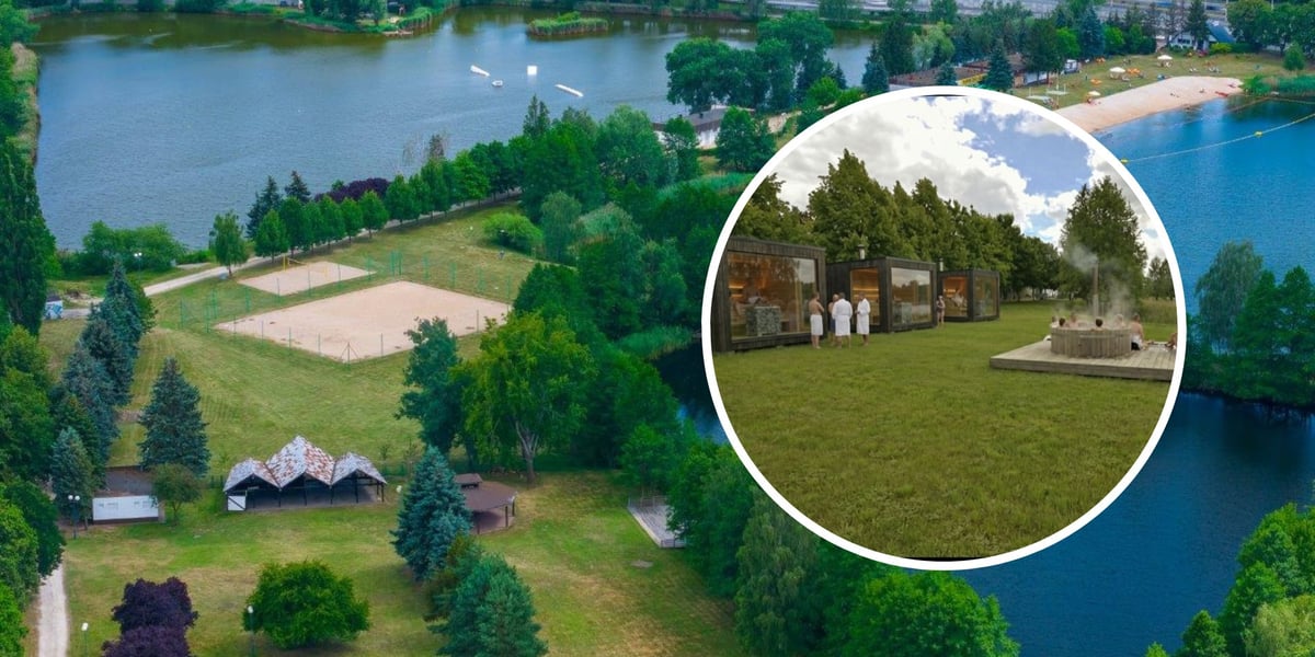 W tle: Kąpielisko Park Glinianki, widok z drona. W kółku: wizualizacja strefy saun na Gliniankach.