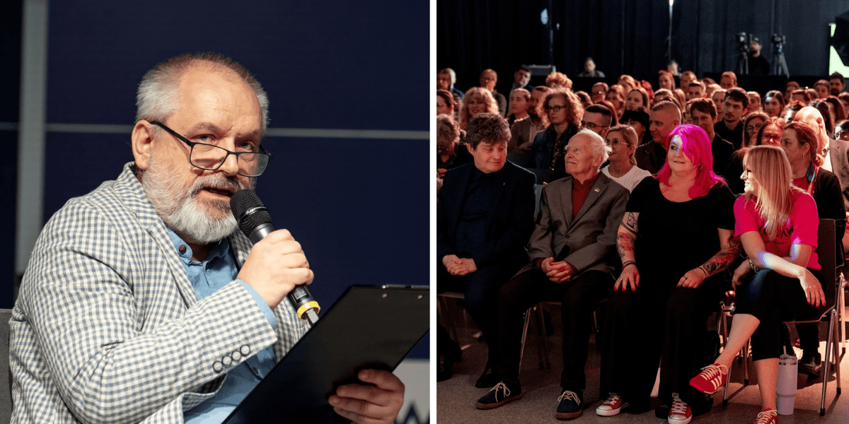 Kolaż 2 zdjęć dotyczących II Dolnośląskiego Kongresu Praw Zwierząt. Z lewej dr Robert Maślak podczas wykładu o wilkach, z prawej uczestnicy wydarzenia