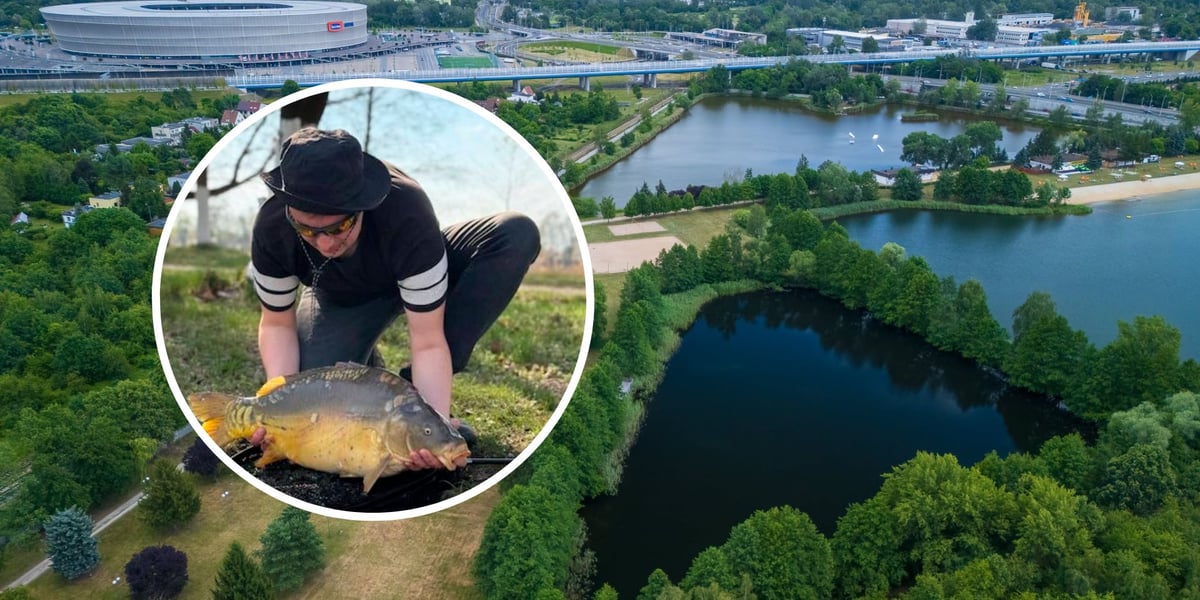 W tle - Łowisko Park Glinianki, widok z drona. W kółku - wędkarz prezentujący swoją zdobycz.