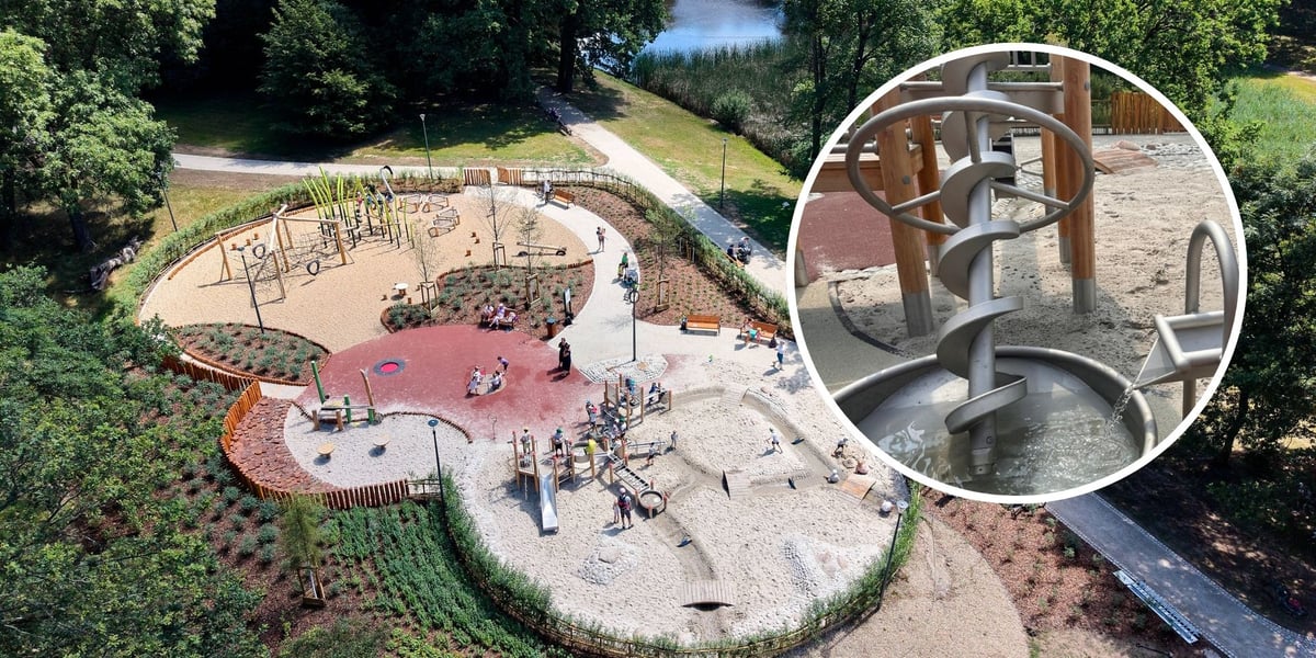 Zdjęcie z drona ukazujące plac zabaw - Nadodrzańską Osadę Przygody w parku przy ul. Połbina, w prawej części w okrągłym kadrze - śruba Archimedesa - jedno z urządzeń zabawowych.