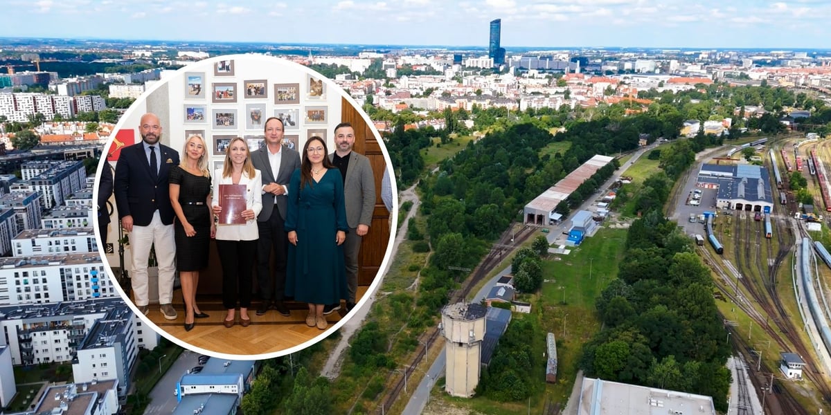 w tle: teren pod Park Henrykowski; w kółku: uroczystość podpisania aktu notarialnego w gabinecie Prezydenta Wrocławia