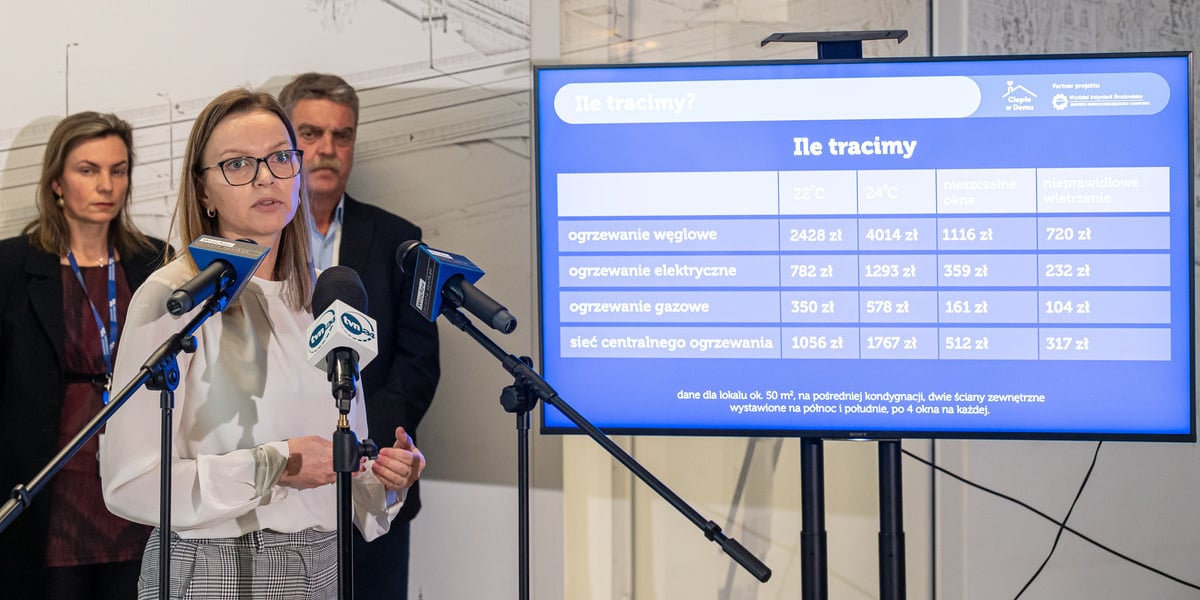 Na zdjęciu konferencja rozpoczynająca akcję „Ciepło w Domu”. Przemawia dr inż. Maria Kostka z Politechniki Wrocławskiej. Obok niej tablica informacyjna