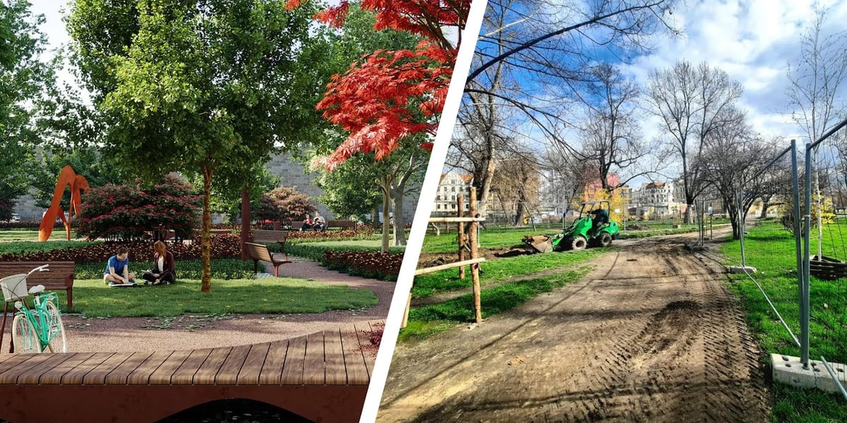 Skwer Czesława Niemena we Wrocławiu. Z lewej strony wizualizacja, z prawej stan prac w marcu 2023 r.