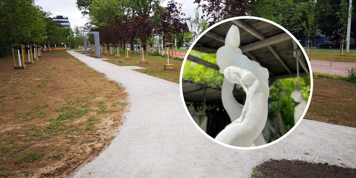 Powstający skwerek przy ul. Śrubowej obok budowy TAT na Nowy Dwór. W kółku rzeźba, która wkrótce tam stanie