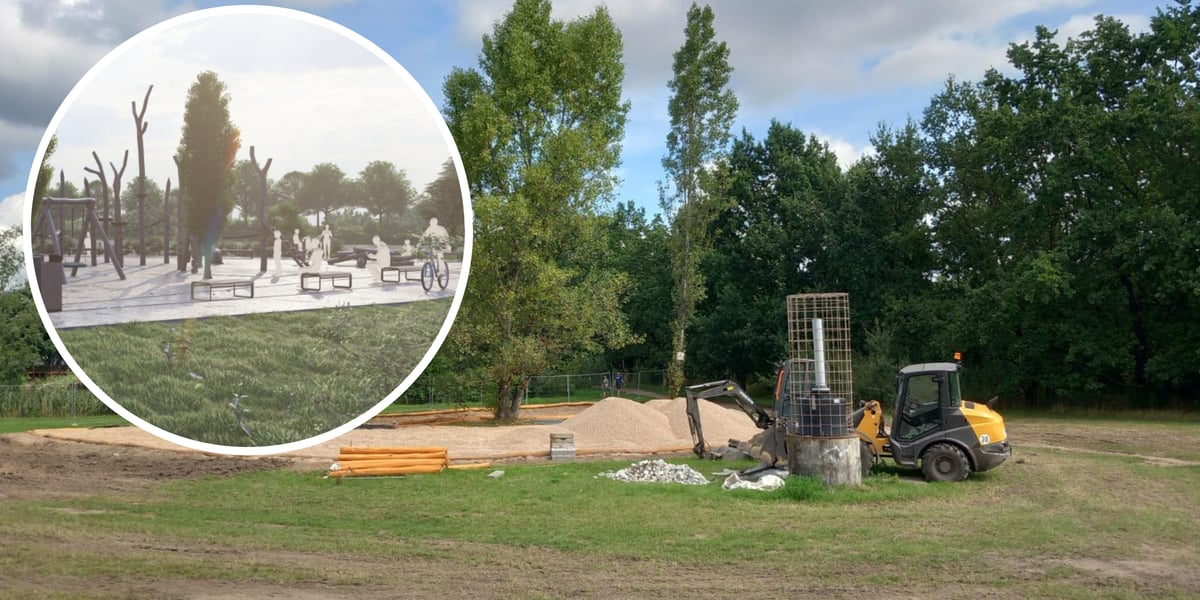 Plac zabaw powstanie przy stawie na ul. Maślickiej. W kółeczku wizualizacja, na zdjęciu głównym - koparka na placu budowy 
