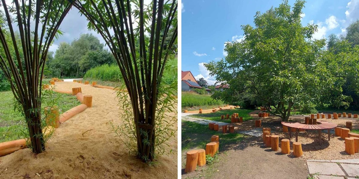 Park kieszonkowy na Muchoborze Wielkim przy ul. Kunickiego - z lewej strony wiklinowy tunel i piaskowa ścieżka, z prawej drzewo i przestrzeń rekreacyjna