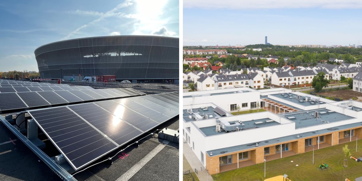 Z lewej panele fotowoltaiczne przy stadionie Tarczyński Arena, z prawej na dachu na żłobku przy ul. Sygnałowej