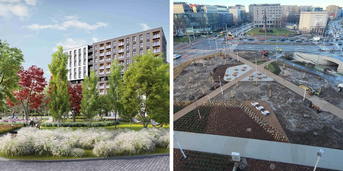 Skwer na pl. Strzegomskim, między ul. Braniborską i Legnicką (z lewej strony wizualizacja, z prawej postęp prac na początku lutego 2024 r.)
