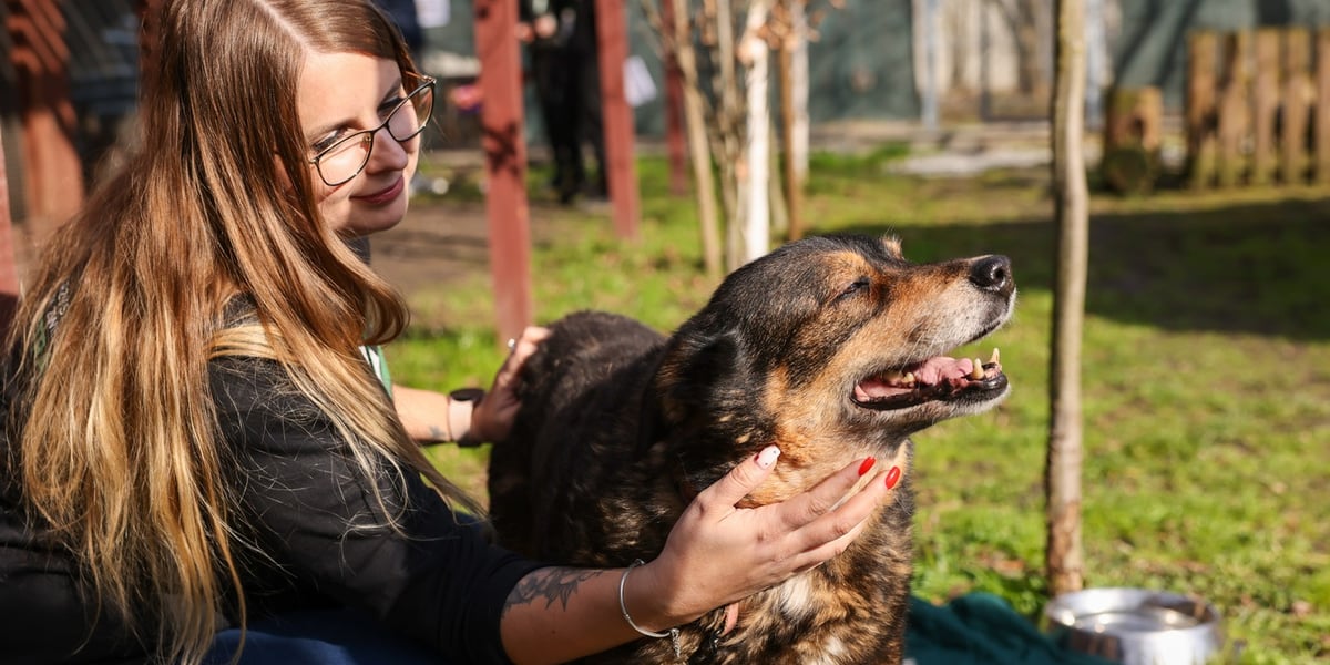 Dzień otwarty Ekostraży. Młoda kobieta z psem do adopcji