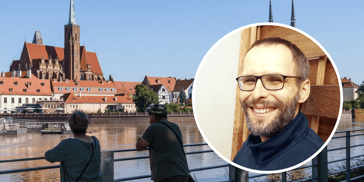 Kolaż dwóch zdjęć. W kółku portret Pawła Wolniewicza, geologa, który stworzył interaktywną mapę Wrocławia, w tle Odra.